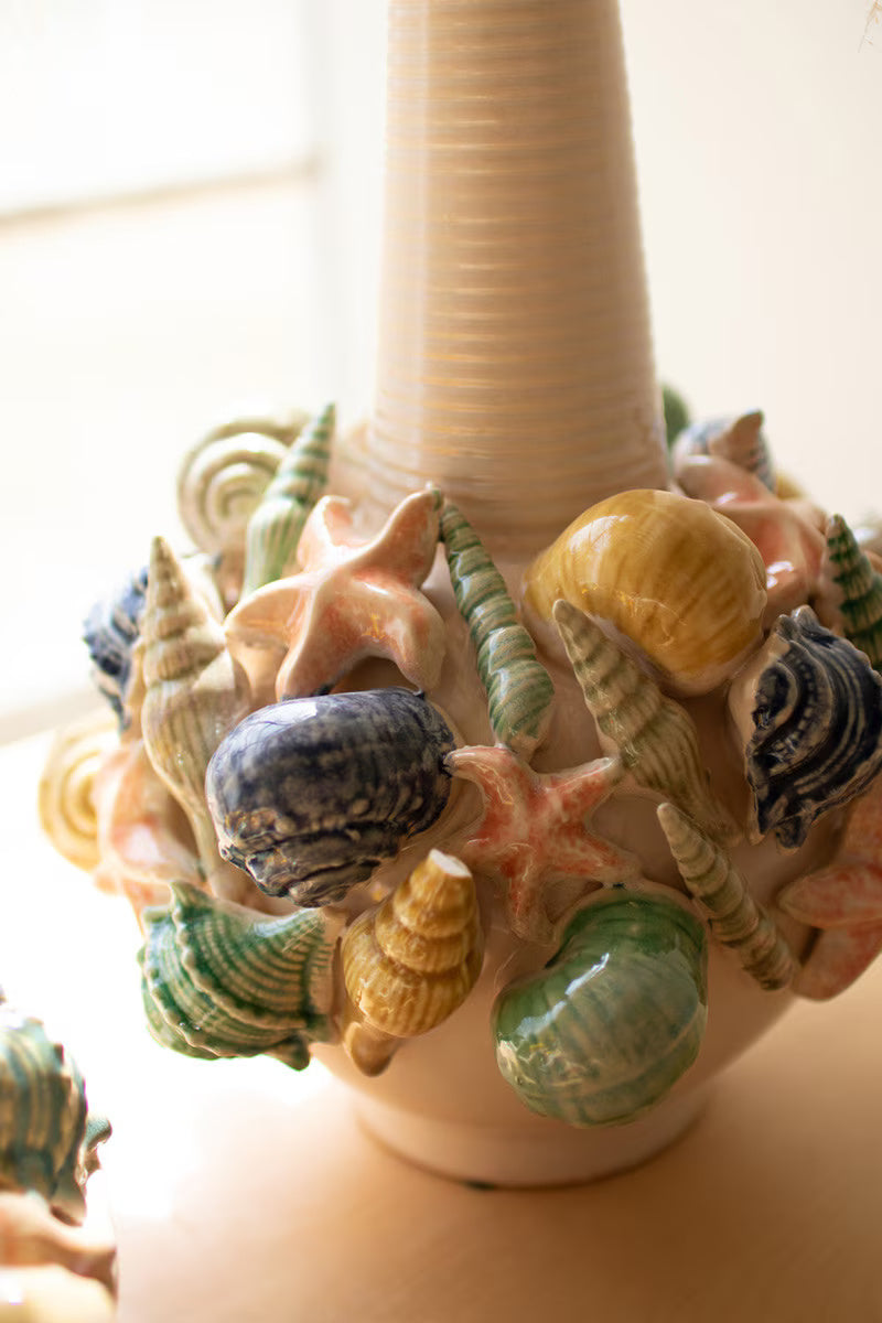 Coastal Ceramic Seashell Vase | Grooved Bottle-Neck Vase