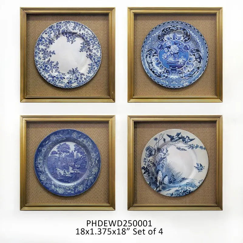 Collected Framed Blue & White Plates, Set of 4