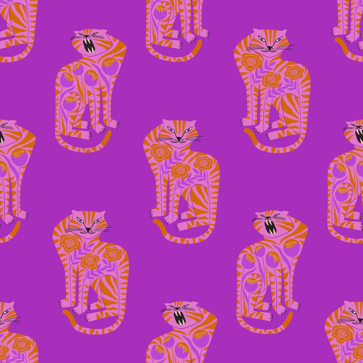 folk art cat purple peel and stick removable wallpaper