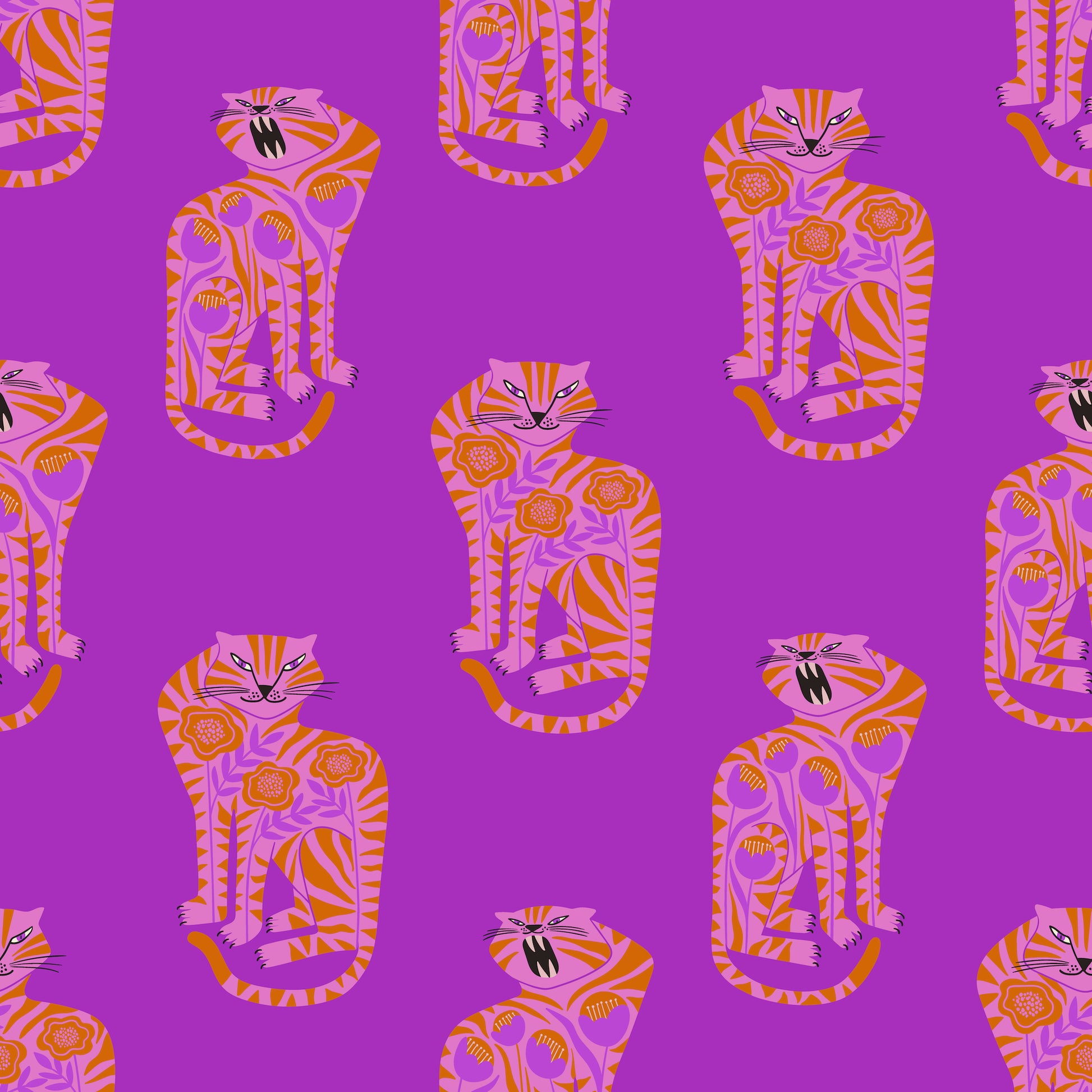 folk art cat purple peel and stick removable wallpaper