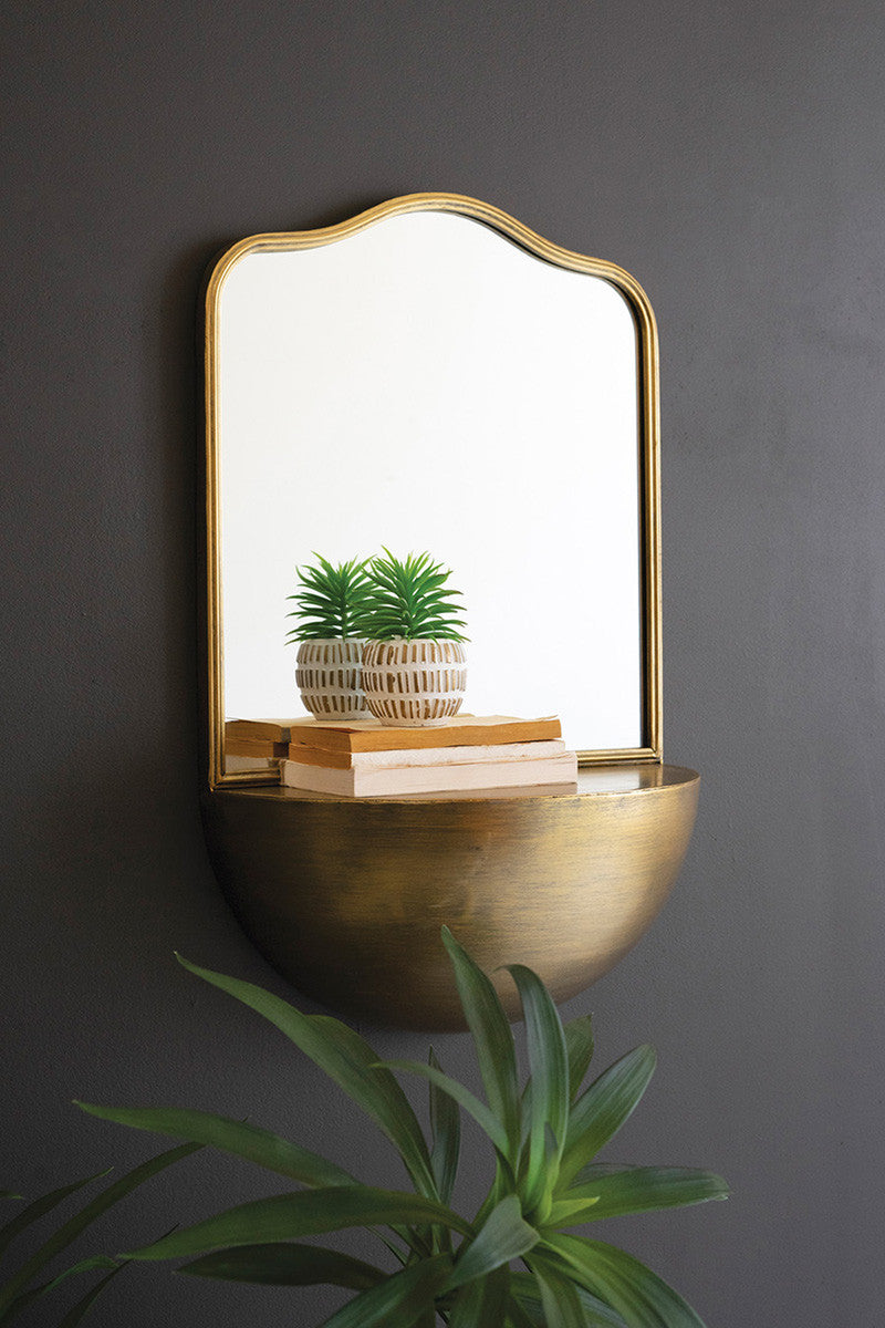 Antique Brass Metal Framed Mirror with Demi-Lune Shelf