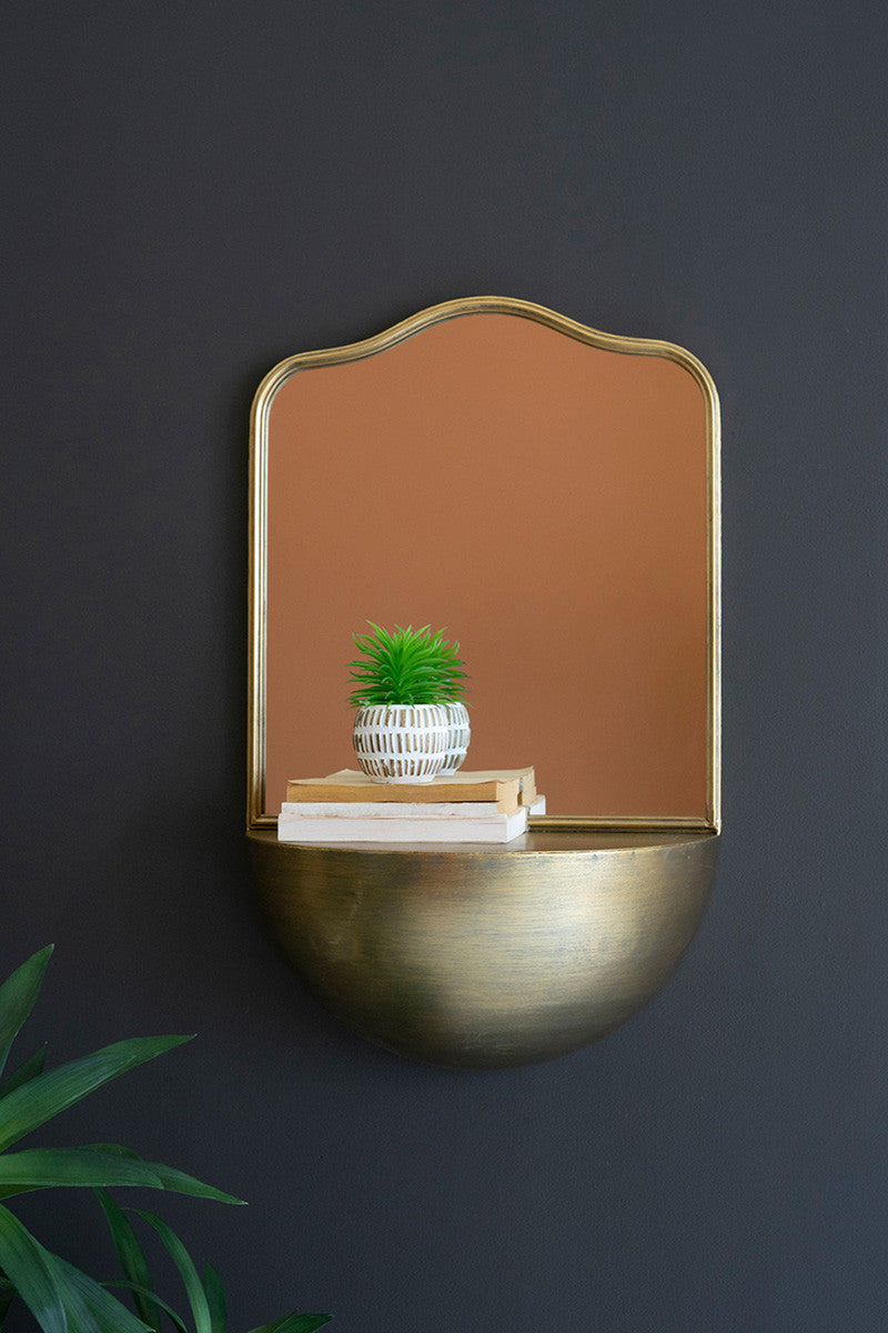 Antique Brass Metal Framed Mirror with Demi-Lune Shelf
