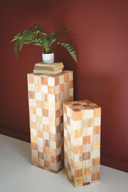 Checkered Wood Pedestals, Set of 2