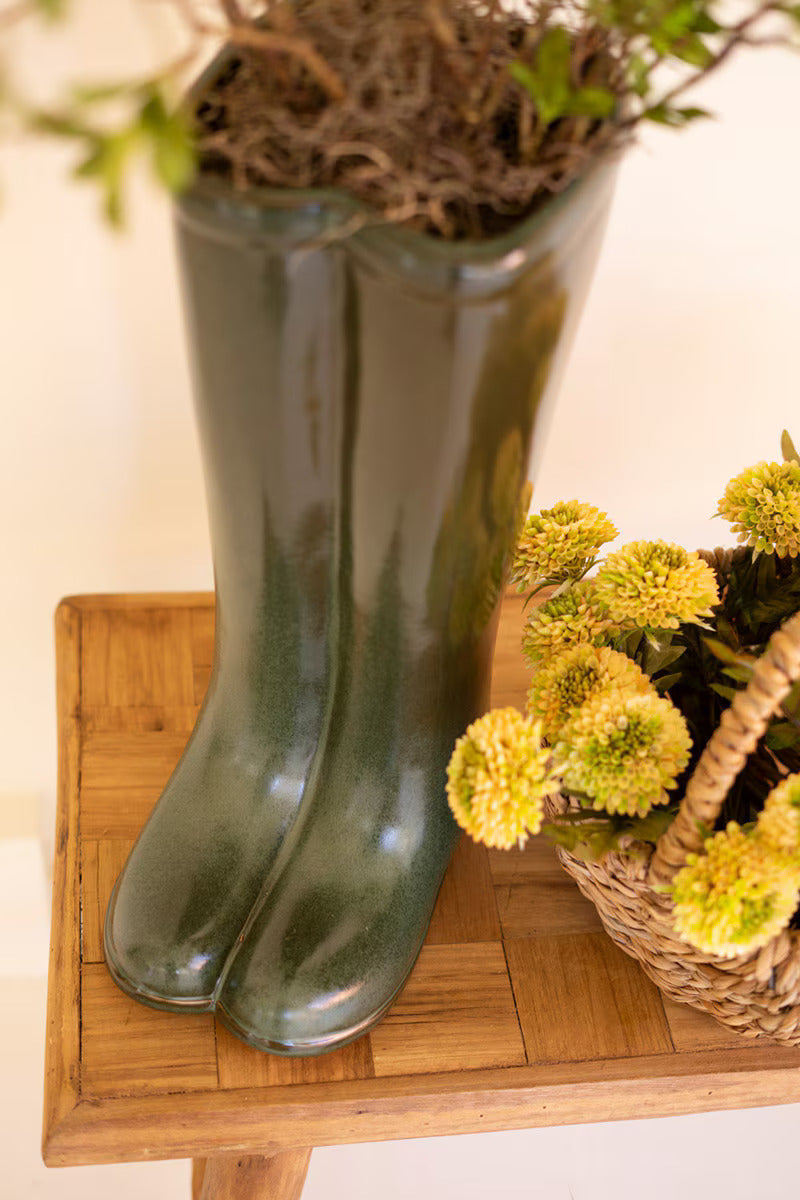 Large Ceramic Hunter Green Boot Vase