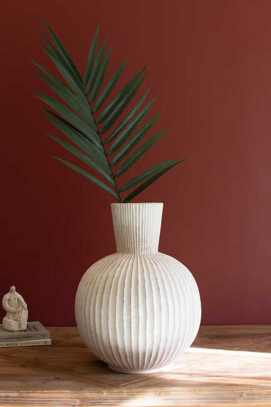 Tall Fluted Stone Composite Bulb Vase | White Decorative Vase