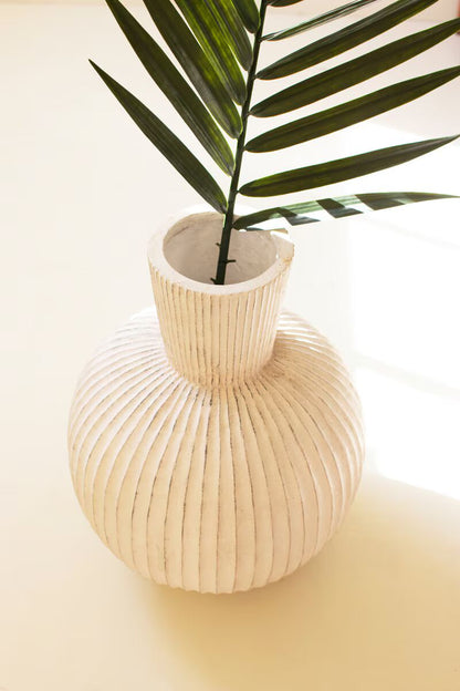 Tall Fluted Stone Composite Bulb Vase | White Decorative Vase