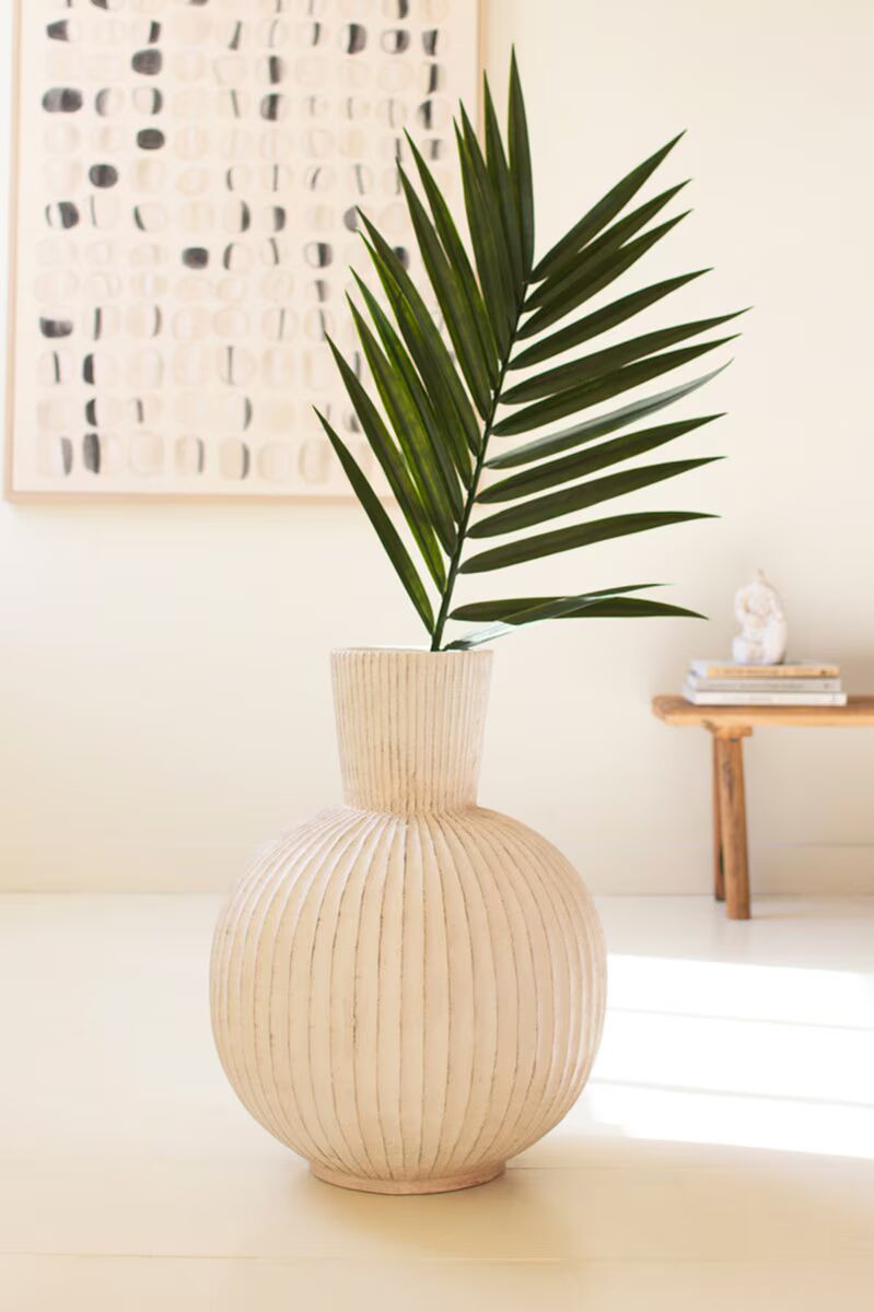 Tall Fluted Stone Composite Bulb Vase | White Decorative Vase