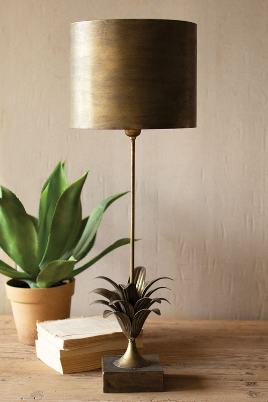 Antique Gold Metal Table Lamp with Tropical Leaf Detail and Metal Shade