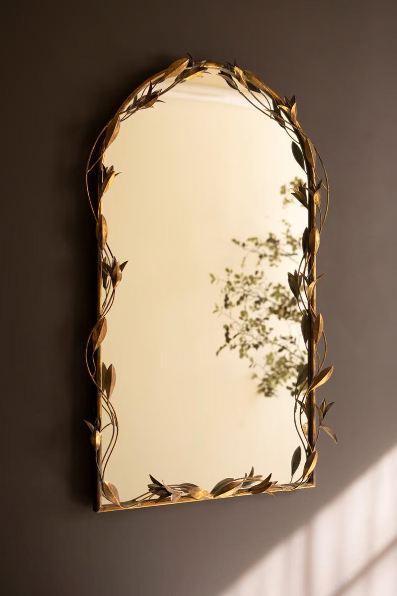 Arched Brass Mirror with Leaves
