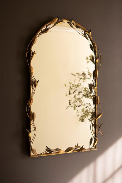 Arched Brass Mirror with Leaves