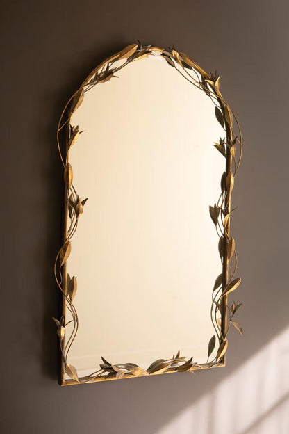 Arched Brass Mirror with Leaves