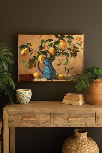 Framed Lemon Branches in a Blue Vase Painting
