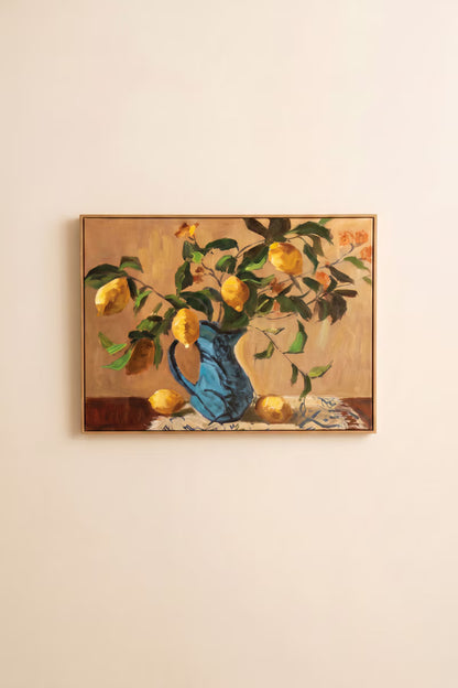 Framed Lemon Branches in a Blue Vase Painting