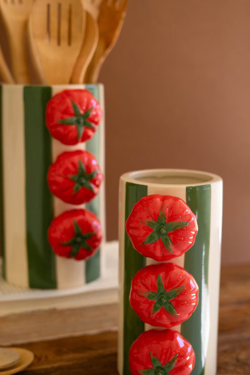 Ceramic Green Striped Vases with Tomatoes, Set of 2