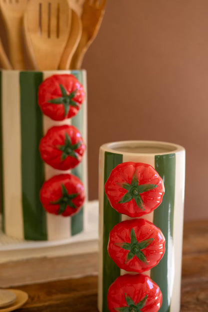 Ceramic Green Striped Vases with Tomatoes, Set of 2