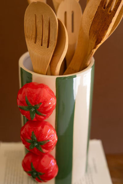 Ceramic Green Striped Vases with Tomatoes, Set of 2