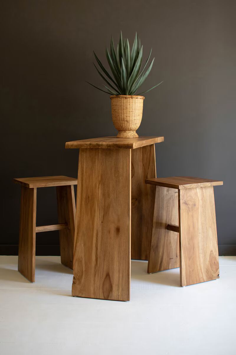 Teakwood Bar Table and Two Stools, Set of 3