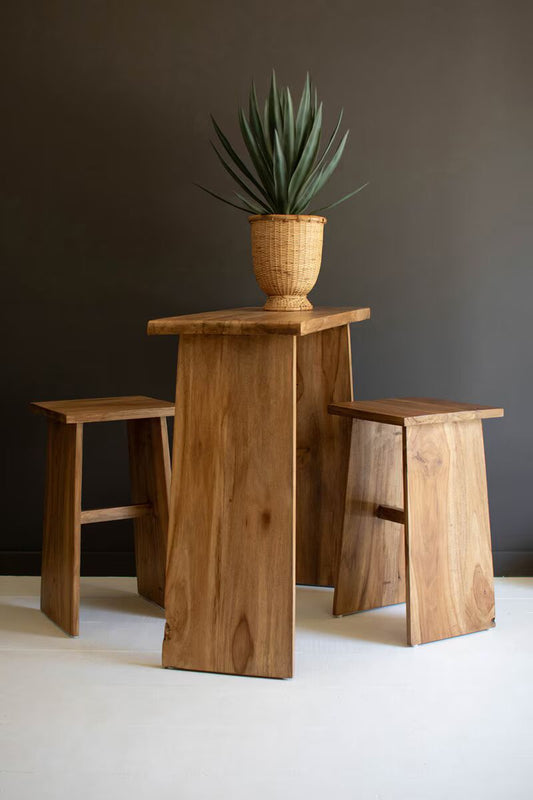 Teakwood Bar Table and Two Stools, Set of 3