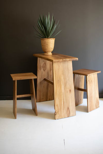 Teakwood Bar Table and Two Stools, Set of 3