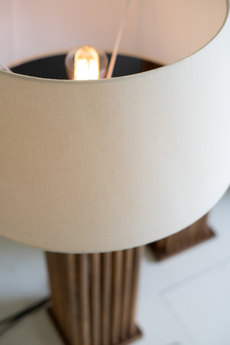 Natural Wooden Spindles Lamp with Fabric Shade