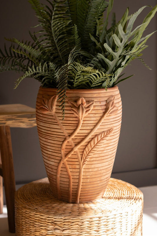 Floral Carved Terracotta Urn | Botanical Decorative Vase