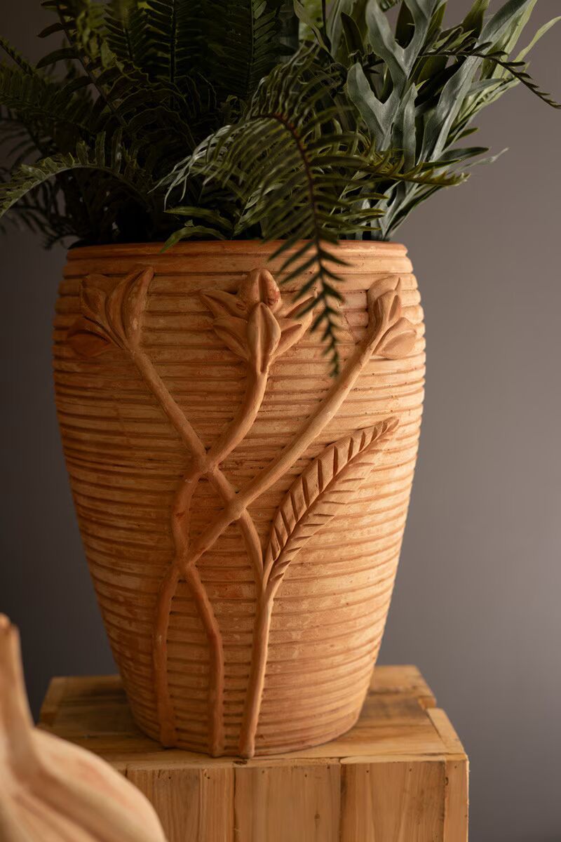 Floral Carved Terracotta Urn