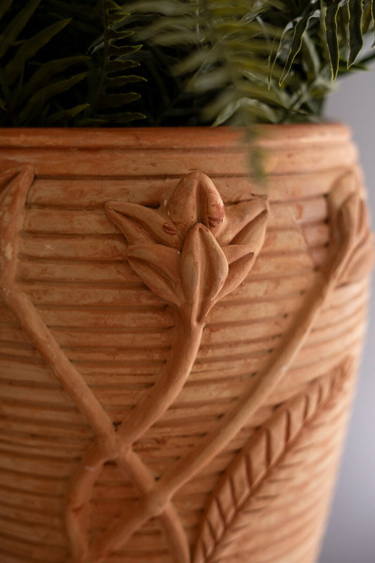 Floral Carved Terracotta Urn | Botanical Decorative Vase