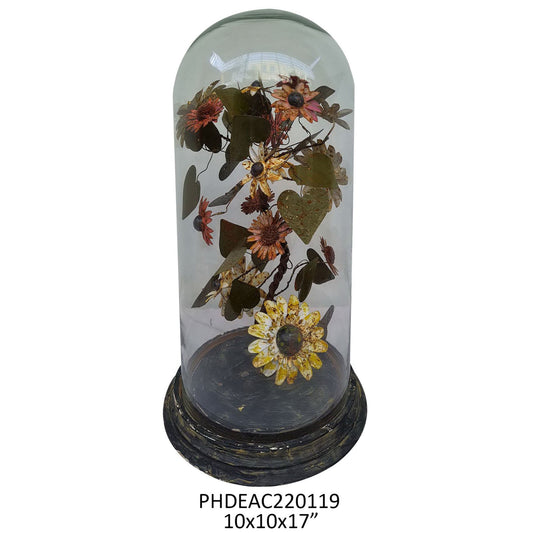 French Wire Flowers Under Glass Dome