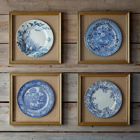 Collected Framed Blue & White Plates, Set of 4