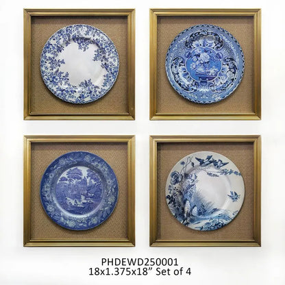 Collected Framed Blue & White Plates, Set of 4