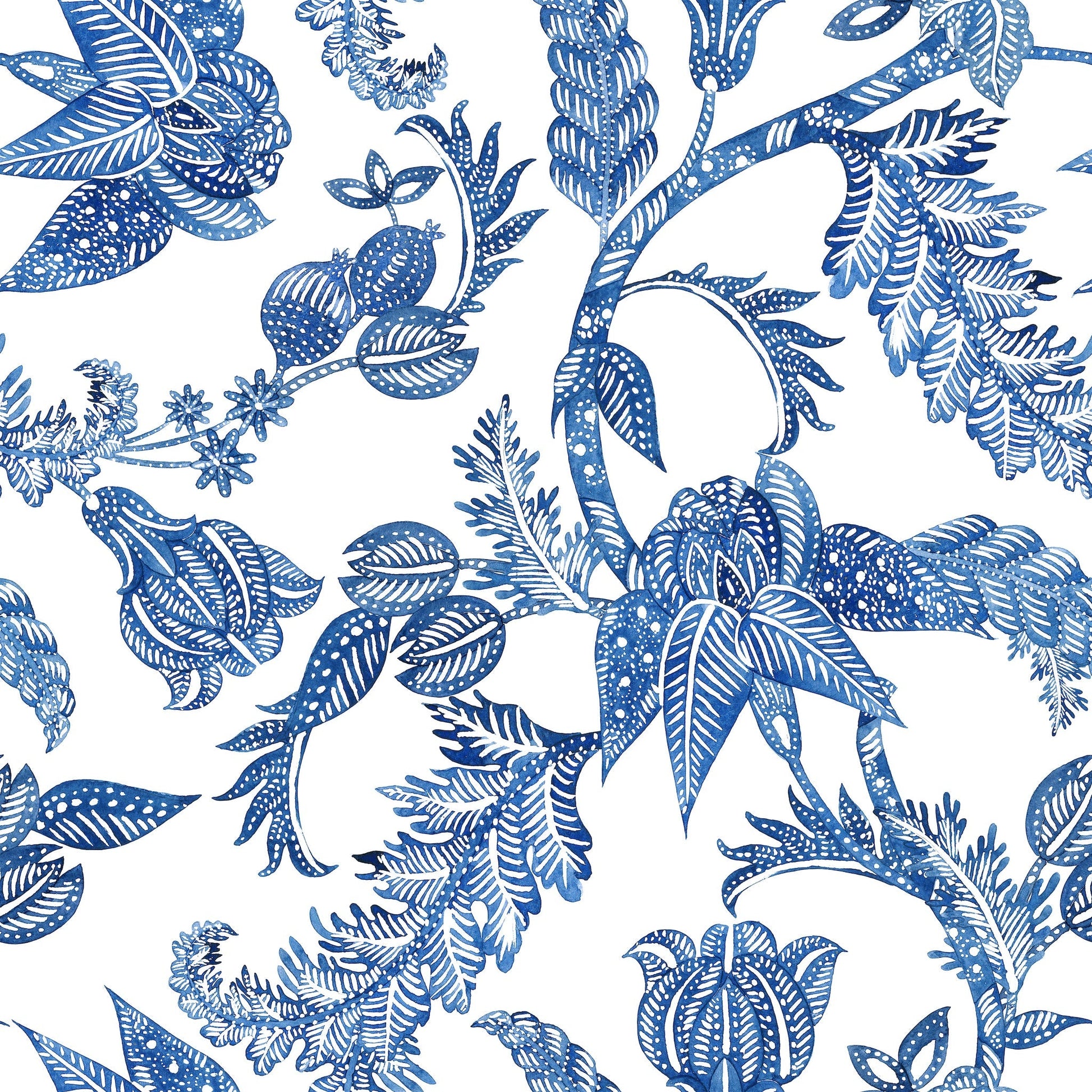 indigo blue batik floral vines peel and stick fabric wallpaper