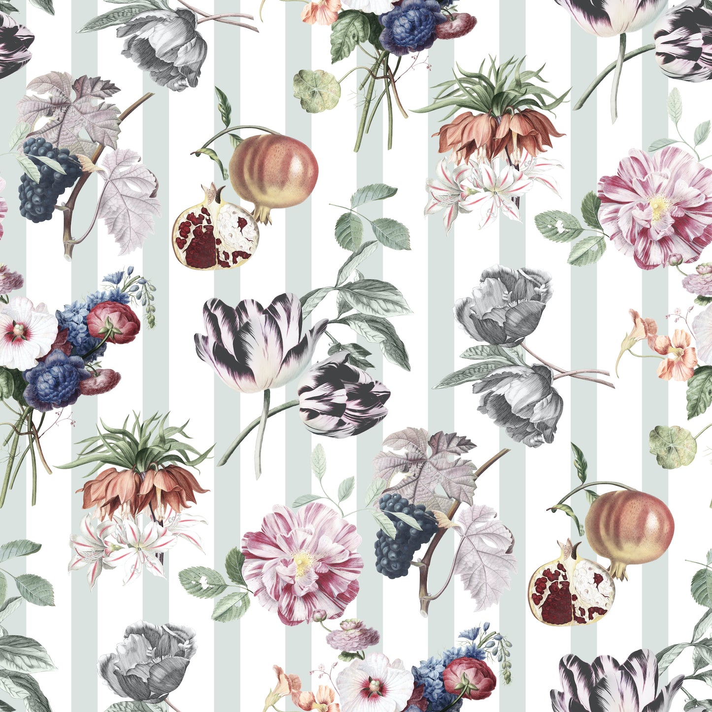 sage striped vintage floral and fruit kitchen peel and stick fabric wallpaper
