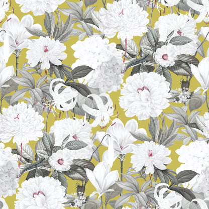 white floral mustard peel and stick removable fabric wallpaper