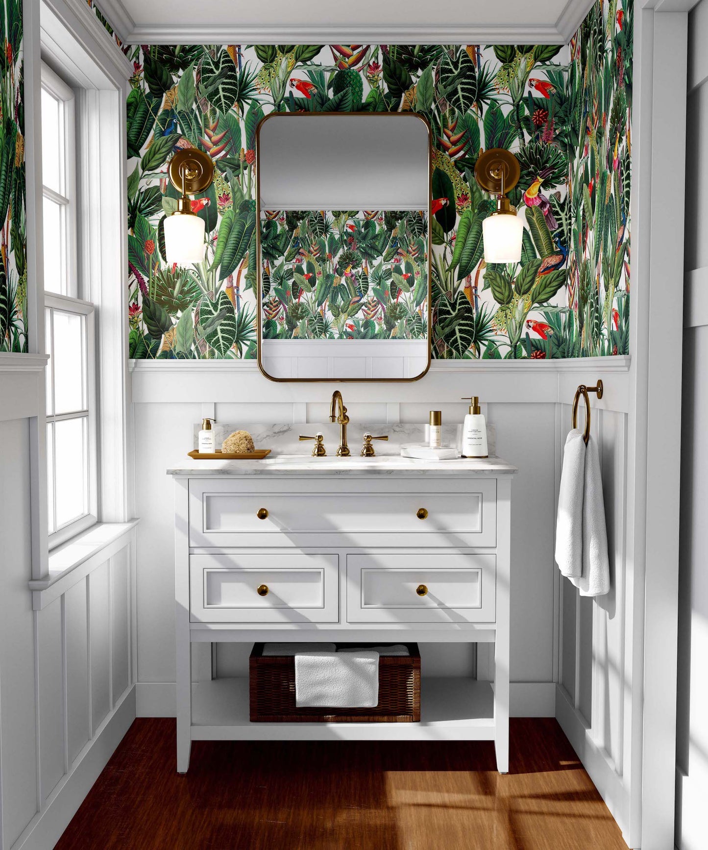 Tropical rainforest wallpaper with exotic birds and green tree leaves ...