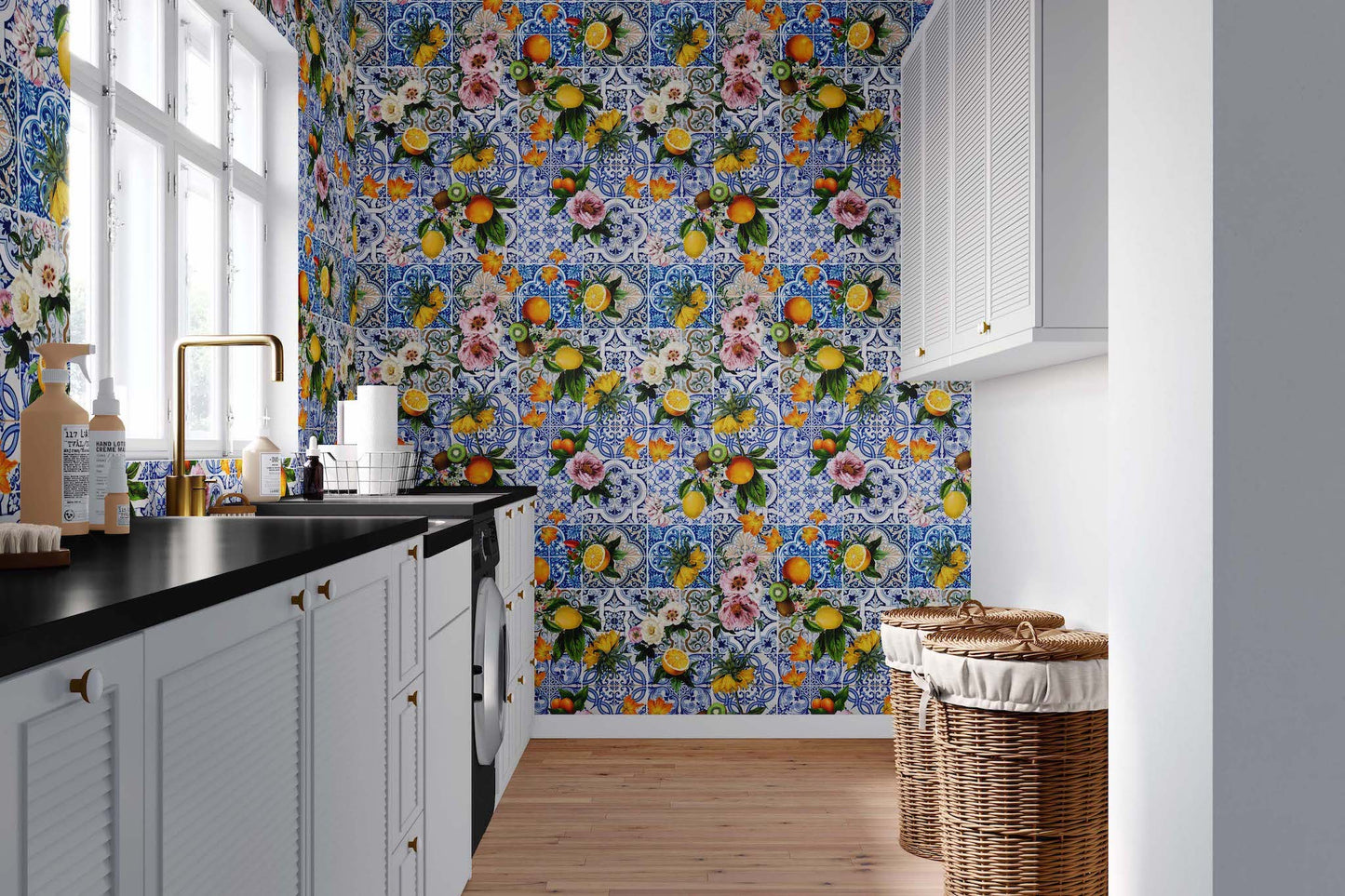 Italian Tile Wallpaper, Best Kitchen Decor, Blue With Real Floral – MA