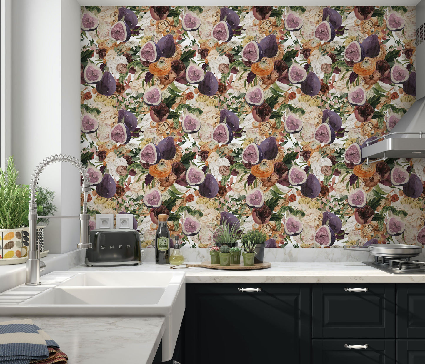 Vintage Fig and Floral Medley | Peel and Stick | Fabric Wallpaper