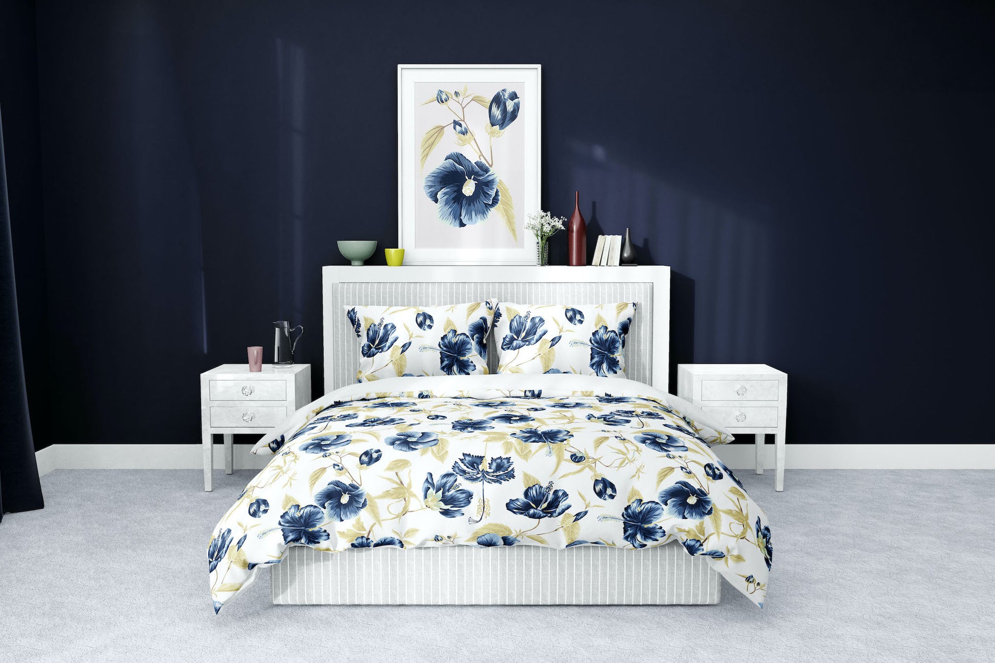 navy blue and gold hawaiian hibiscus flower cotton bedding duvet