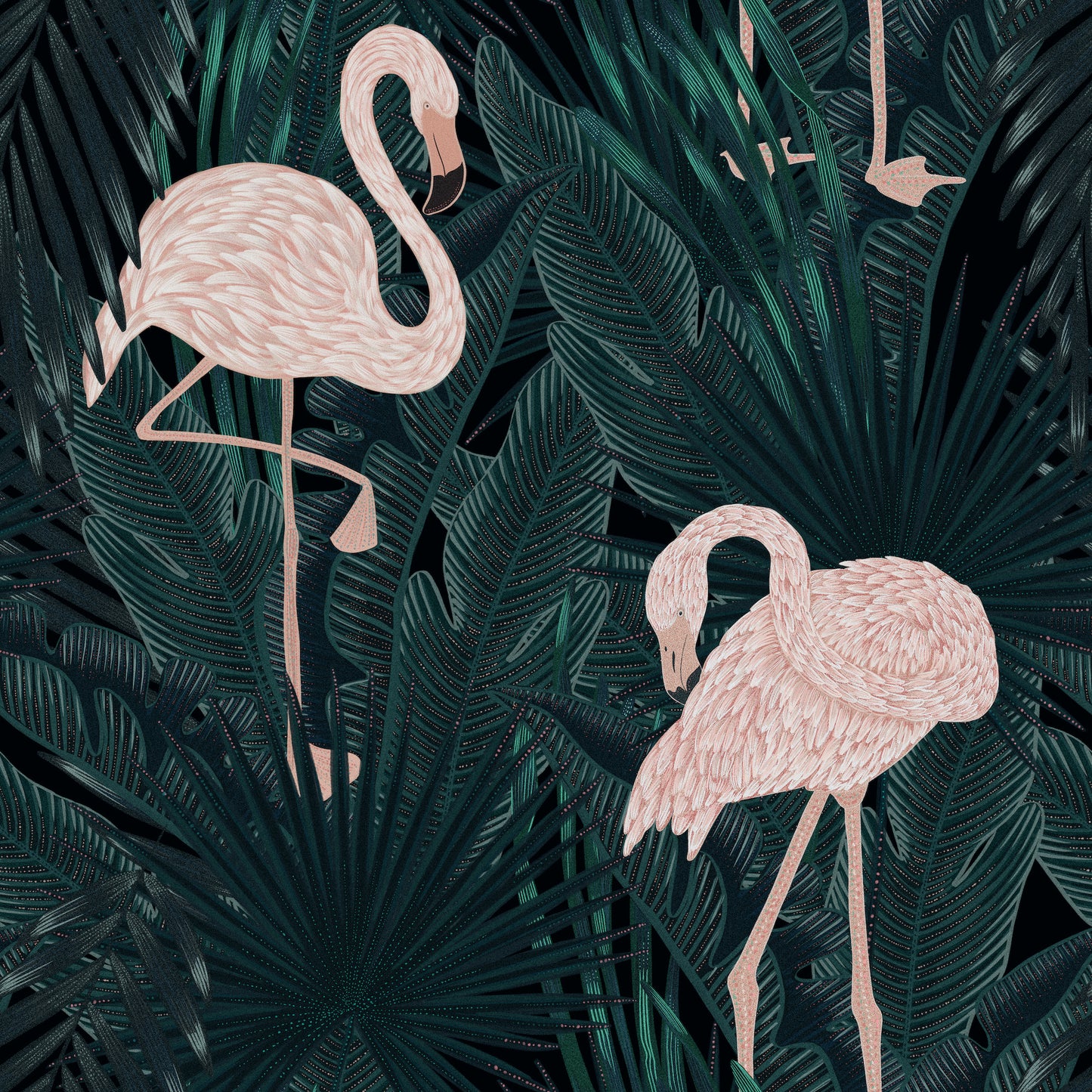 deep green pink flamingo tropical peel and stick removable fabric wallpaper
